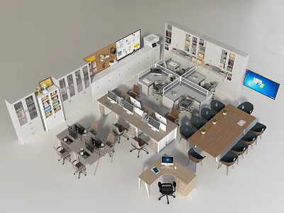 Public Office Space With Open Layout Workstations Meeting Table Lockers And Display Screens 3d model