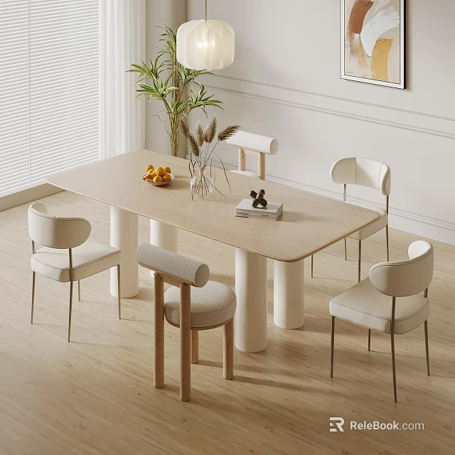 Modern Light Wood Dining Table Set With White Upholstered Chairs And Fruit Decor 3d model