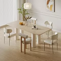 Modern Light Wood Dining Table Set With White Upholstered Chairs And Fruit Decor 3d model