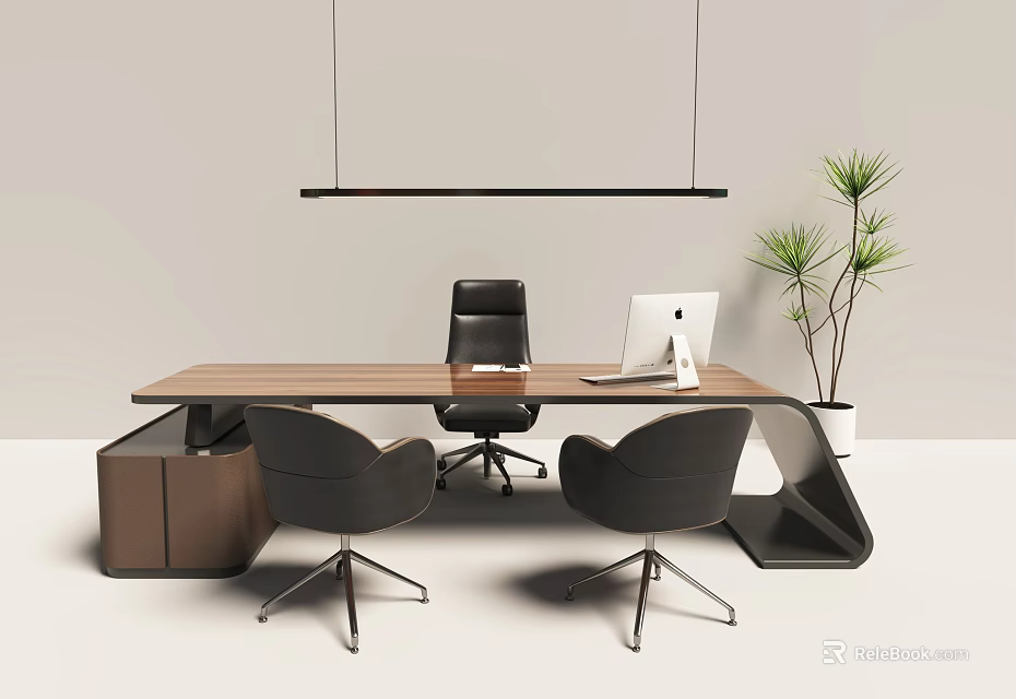 Wooden Office Desk With Black Office Chair Gray Chairs Laptop Potted Plant And Hanging Light 3d model 