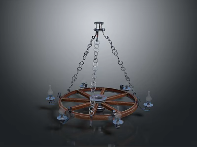 Rustic Vintage Wheel Chandelier With Hanging Chains And Glass Shades 3d model