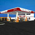 Modern Gas Station Exterior With Canopy Fuel Pumps Lighting And Parked Car