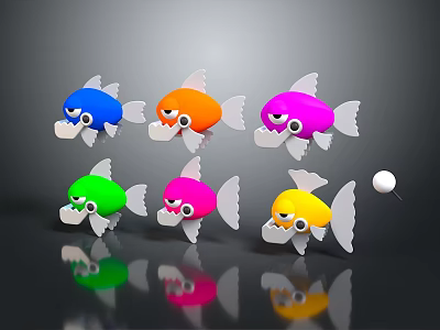 Colorful Cartoon Fish Game Movie Characters with White Fins Tails Fierce Expressions and White Ball 3d model