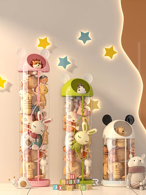 Cute Plush Animal Toys in Transparent Containers with Animal Shaped Lids and Star Decorations 3d model 