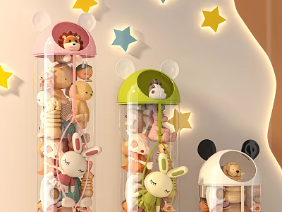 Cute Plush Animal Toys in Transparent Containers with Animal Shaped Lids and Star Decorations 3d model