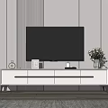 Modern White TV Stand With Drawers Flat Screen TV Flower Vase And Striped Wall