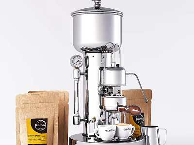 Stainless Steel Coffee Machine With Coffee Beans And White Cups In Kitchen 3d model