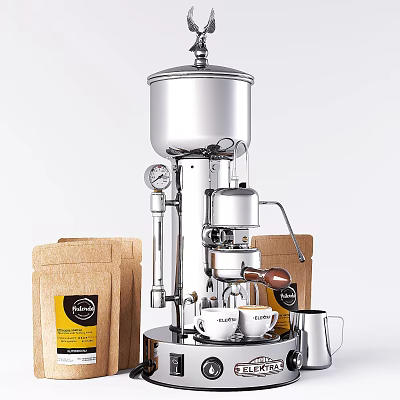 Stainless Steel Coffee Machine With Coffee Beans And White Cups In Kitchen 3d model