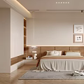 Modern Cozy Bedroom Interior With Upholstered Bedhead Decorative Artworks And Wooden Flooring