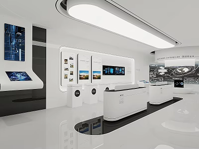 Modern Exhibition Hall Interior With Linear Lighting Digital Displays And White Exhibition Counters 3d model