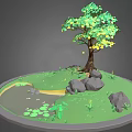 Cartoon Scene With Green Tree Yellow Leaves Grass Rocks Small Pond And Lily Pads