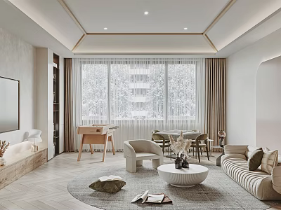 Modern Entertainment Room Interior Design With TV Sofa Armchairs Area Rug And Lighting 3d model