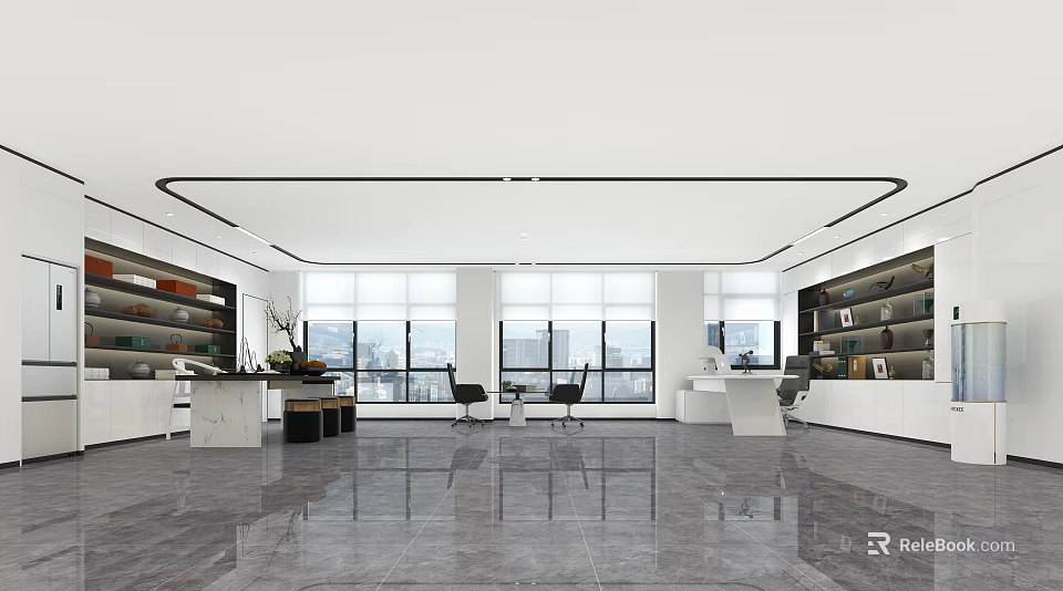 Modern Office Interior Design with Open Layout Large Windows City View Sleek Flooring and Bookshelves 3d model 