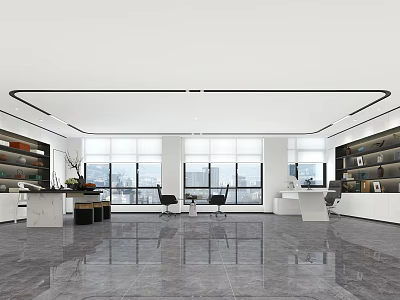 Modern Office Interior Design with Open Layout Large Windows City View Sleek Flooring and Bookshelves 3d model