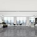 Modern Office Interior Design with Open Layout Large Windows City View Sleek Flooring and Bookshelves