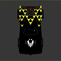 Black Racing Car With Yellow Geometric Patterns Rear Spoiler And Front Logo