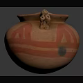 Ancient Pottery Jar with Animal Shaped Handles and Red White Stripes Design