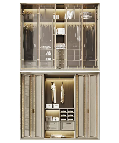 Elegant Modern Wardrobe Interior With Glass Doors Hanging Space And Drawers 3d model