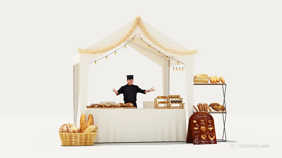 Cozy Tea Break Area Featuring Tent Structure String Lights Bread Shelves And Chef 3d model 