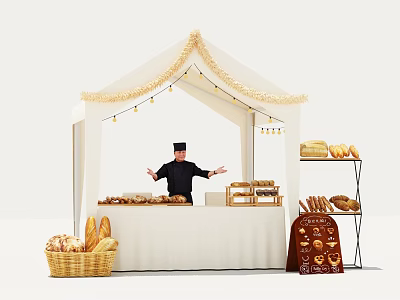 Cozy Tea Break Area Featuring Tent Structure String Lights Bread Shelves And Chef 3d model