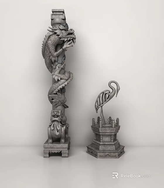 Intricate Dragon Carved Stone Column With Traditional Crane Sculpture Design 3d model 