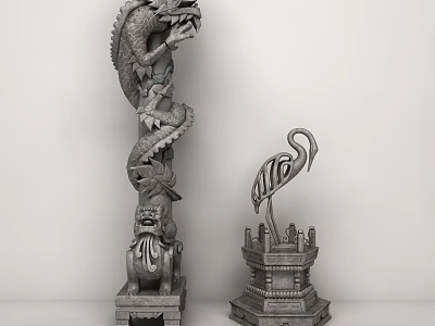 Intricate Dragon Carved Stone Column With Traditional Crane Sculpture Design 3d model