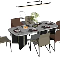 Dining Table Set With Marble Top Beige Brown Chairs Hanging Light Tableware And Green Plant 3d model