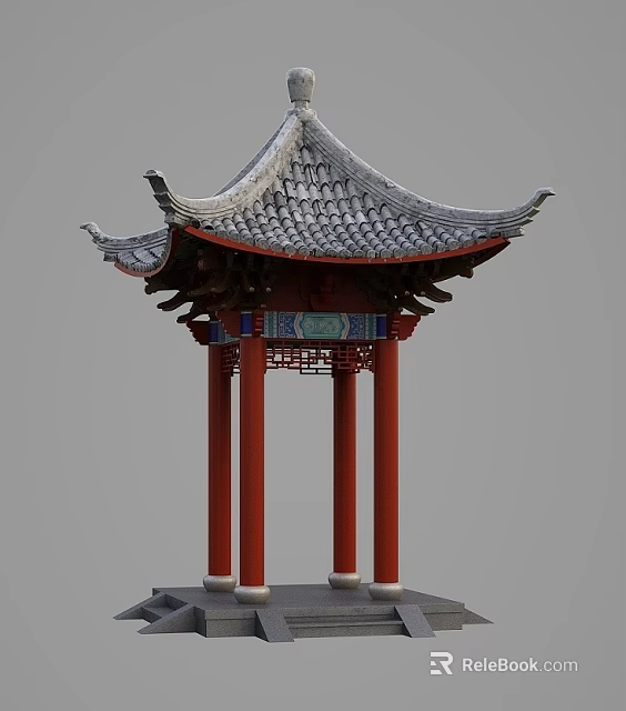 Traditional Ancient Chinese Architecture Pavilion With Red Pillars Gray Tiled Roof And Carved Decorations 3d model 