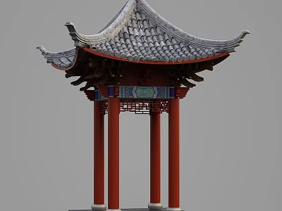 Traditional Ancient Chinese Architecture Pavilion With Red Pillars Gray Tiled Roof And Carved Decorations 3d model