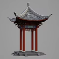 Traditional Ancient Chinese Architecture Pavilion With Red Pillars Gray Tiled Roof And Carved Decorations