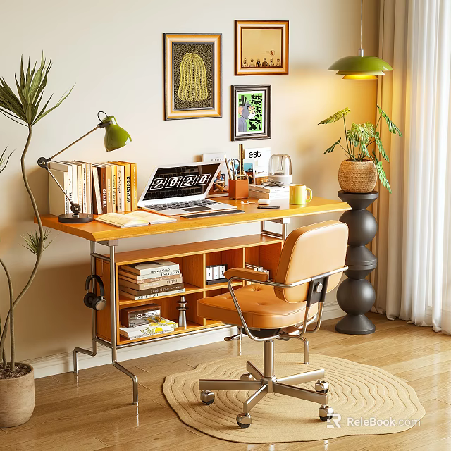 Wooden Desk With Laptop Books Green Lamp Leather Chair Potted Plants And Wall Art 3d model 