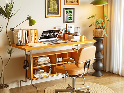 Wooden Desk With Laptop Books Green Lamp Leather Chair Potted Plants And Wall Art 3d model