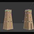 Two Beige Ancient Style Towers With Windows And Door On Black Background