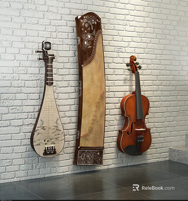 Traditional Pipa Guzheng And Violin Hanging As Decorative Musical Instruments On White Brick Wall 3d model 