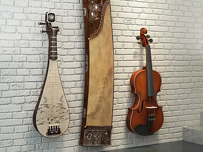 Traditional Pipa Guzheng And Violin Hanging As Decorative Musical Instruments On White Brick Wall 3d model