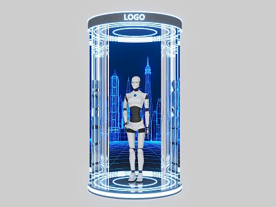 Robot In Transparent Cylindrical Display With Blue Lighting City Skyline Background And Top LOGO 3d model