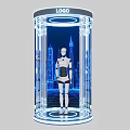 Robot In Transparent Cylindrical Display With Blue Lighting City Skyline Background And Top LOGO