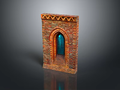 Red Brick Decorative Furniture Piece With Arched Blue Door And Ornate Top 3d model