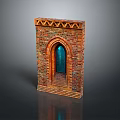 Red Brick Decorative Furniture Piece With Arched Blue Door And Ornate Top