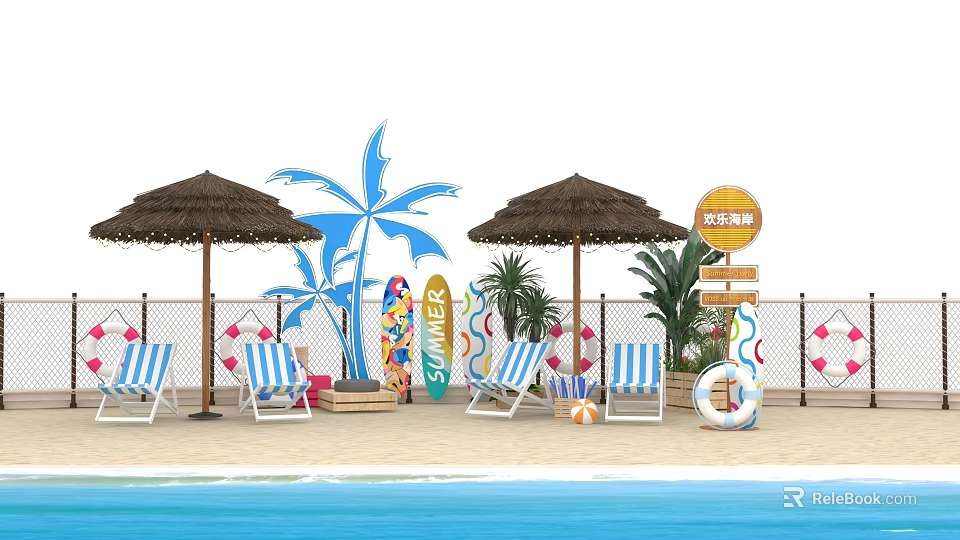 Beach Themed Photo Check in Spot With Straw Umbrellas Striped Lounge Chairs Surfboards Palm Decor 3d model 