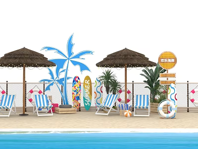 Beach Themed Photo Check in Spot With Straw Umbrellas Striped Lounge Chairs Surfboards Palm Decor 3d model