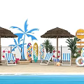 Beach Themed Photo Check in Spot With Straw Umbrellas Striped Lounge Chairs Surfboards Palm Decor