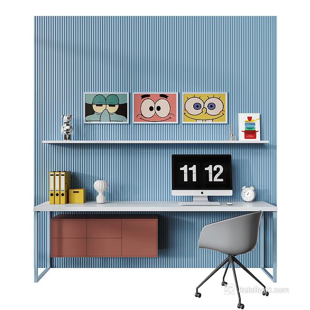 Modern Desk with Blue Striped Wall White Shelf Cartoon Artworks Computer Monitor and Yellow Folders 3d model 