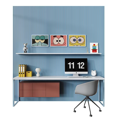 Modern Desk with Blue Striped Wall White Shelf Cartoon Artworks Computer Monitor and Yellow Folders 3d model