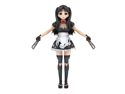 Game And Movie Character In Black Long Hair With Red Bow Maid Outfit Holding Guns 3d model