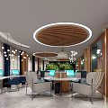 Modern Lounge Area Interior With Wooden Ceiling Pendant Lights Blue Chairs And Green Plant Wall