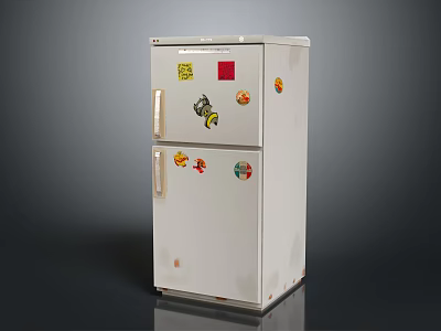White Double Door Refrigerator Freezer With Cartoon Stickers And Worn Surface 3d model