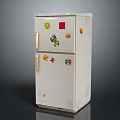 White Double Door Refrigerator Freezer With Cartoon Stickers And Worn Surface