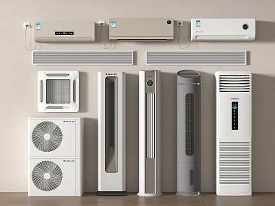 Different Types of Air Conditioners and Fans Including Wall Mounted Standing and Cabinet Models 3d model
