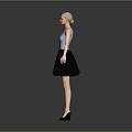 Woman In Blue Sleeveless Top Black Short Skirt And Black High Heels With Gray Background